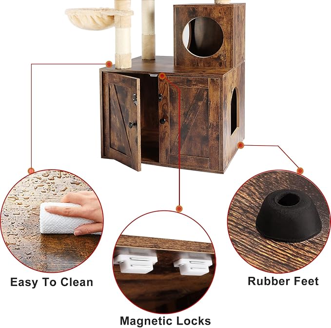 Timberer Cat Tree Tower with Litter Box Enclosure, 2-in-1 Wooden Cat Condo with Sisal Scratching Post, Hammock, Brown - Image 6