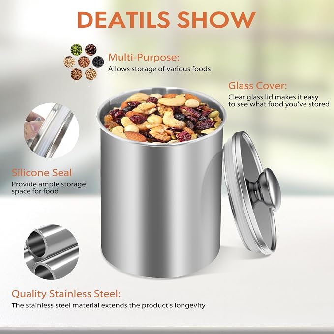 ENLOY Stainless Steel Food Storage Container Set of 3, 88/61/29 oz with Clear Glass Lids - Ideal for Coffee, Tea, Sugar, Flour Canisters - Image 3