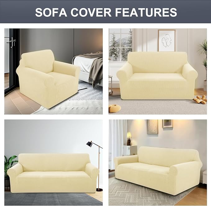 Stretch loveseat Covers Washable Sofa Slipcover, Beige | 1 Piece Couch Covers for Sofa Furniture Protector with Non Skid Foam and Elastic Bottom for Kids, Dogs - Image 7