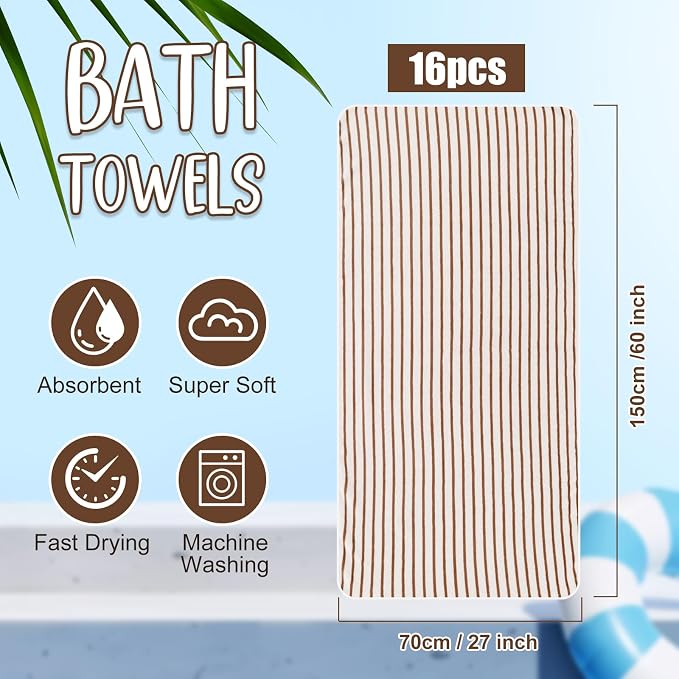 SmoothNovelty 16 Pack Microfiber Bath Towels Bulk 27'' x 60'' Oversized Size Bath Towel Highly Absorbent Extra Large Soft Drying for Beach Shower Summer Salon Sport Gym Party (Stripes,Khaki) - Image 2