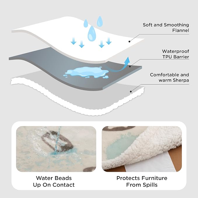 Bedsure Waterproof Blanket for Bed - Twin Size 60"x80", Beige | Soft Print Sherpa Fleece Pet Cat Dog Blankets for Large Dogs Couch Protection, Soft Plush Reversible Furniture Protector - Image 3