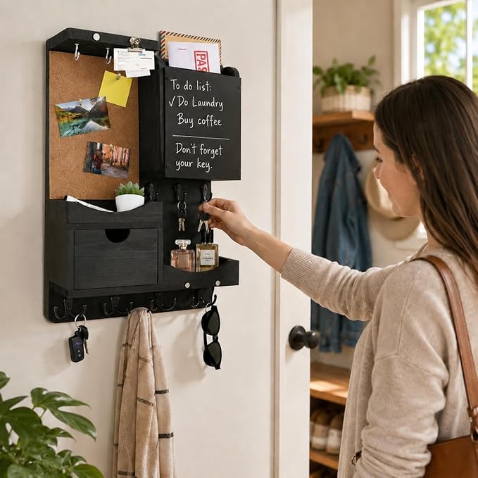 Key Holder Wall Mount, Mail Organizer Key Holder for Wall with Shelf, Drawer, Chalkboard, Corkboard, Home Decor Mounted for Room Entryway (Black) - Image 3
