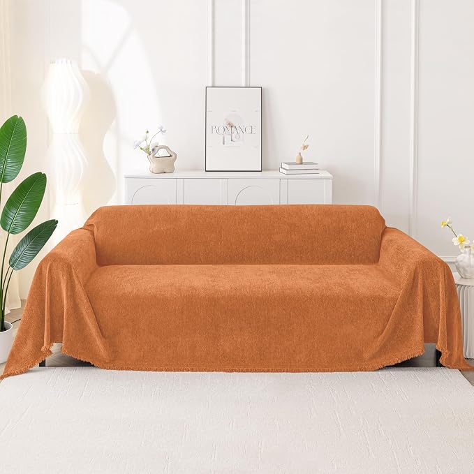 Smiry Couch Cover for Dogs, Chenille Sofa Covers for 3 Cushion Couch | Washable Soft Sofa Slipcover for Pets, Thick Sectional Furniture Protector with Tassels (Orange, 71x118 Inch) - Image 10