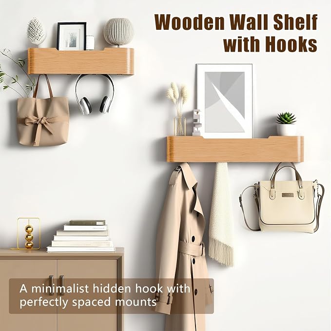 Coat Rack Wall Mount with Hidden Hooks, Wall Hooks with Shelf, Wall Key Holder Mount Wooden Shelf Entryway Hooks for Bedroom Bathroom for Hanging Coats Hats Bags Towels (Oak, 4 Hooks) - Image 7