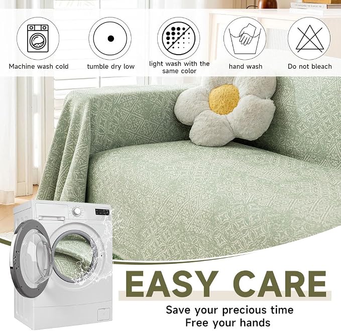 ROOMLIFE Green Sofa Cover, Vintage Boho Couch Cover for 3 Cushion Sofa, Soft Breathable Sofa Cover for Dog, Washable Furniture Sofa Protector Cover Blanket with Tassel for Living Room, 71 '' X 118'' - Image 5