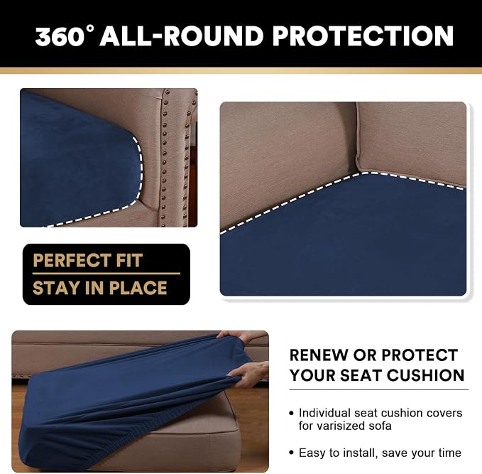 PrinceDeco Velvet Couch Cushion Cover Soft Stretch Cushion Slipcover for Chair Loveseat Sofa Cushion Furniture Protector Seat Cushion Sofa Cover Each Width Up to 40", Navy - Image 7