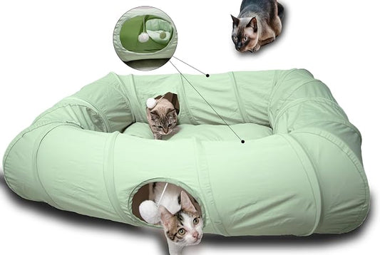 XxingSheep 4 Ways Shuttled XL Cat Tunnel Bed for Indoor Cats Peekaboo Cat Cave Donut with Cool Mat (Green) by XxingSheep