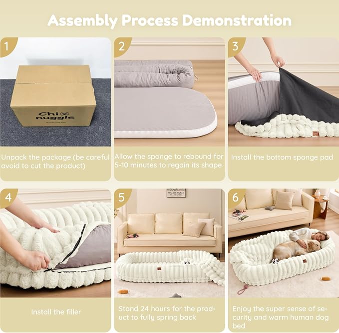 ChiXnuggle Orthopedic Human Dog Bed,Striped Faux Fur Washable Cover,Blanket | cream,72*40*10,giant dog bed for adult or extra large dogs,egg crate foam,non-slip bottom - Image 7