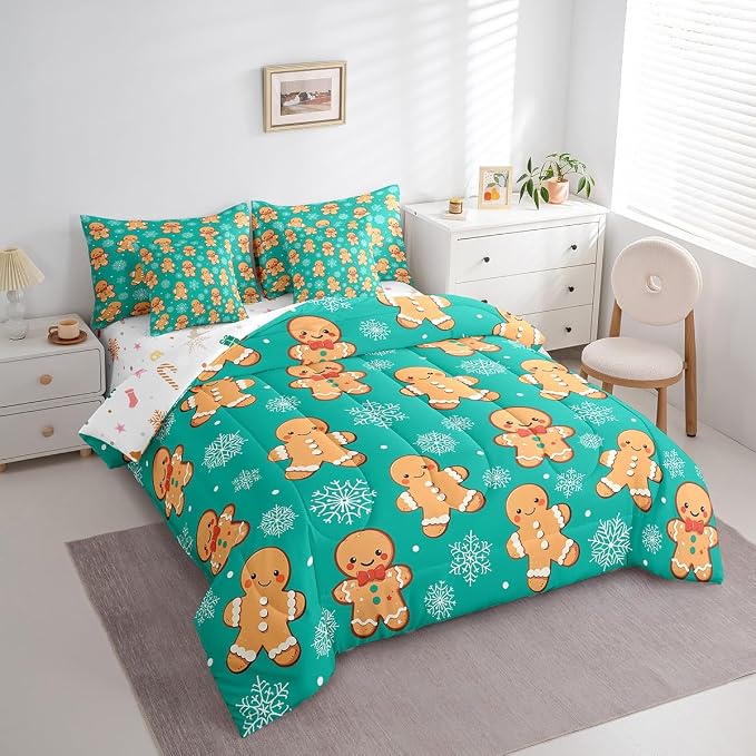 Erosebridal Christmas Gingerbread Twin Bedding Set 7 Piece,Cute Gingerbread Man Bed in A Bag for Kids,Xmas Snowflake Comforter Set Kawaii Xmas Sheet Set with Comforter,Green Christmas Decoration - Image 4