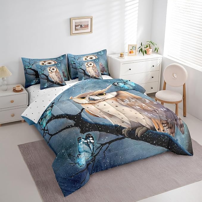 Erosebridal 7 Pcs Owl Comforter Set Full Size, Cartoon Owl Bed in a Bag with Flat Sheet and Fitted Sheet for Kids and Adults, Watercolor Animal Style Bedding Set with Pillowcases & Shams - Image 2
