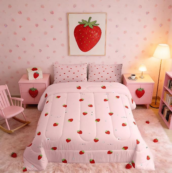 Girls Strawberry Comforter Set Twin Kawaii Strawberry Comforter For Kids Japanese Style Pink Cute Cartoon Fruit Food Theme Bedding Set Girly White Floral Down Comforter Reversible Soft Lightweight by Erosebridal