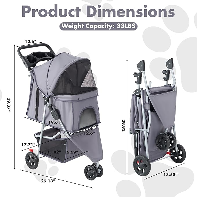 NEWBULIG 3 Wheel Pet Stroller for Dogs and Cats, Foldable, Lightweight and Durable, Ideal for Small to Medium Pets, Includes Storage Basket and Cup Holders