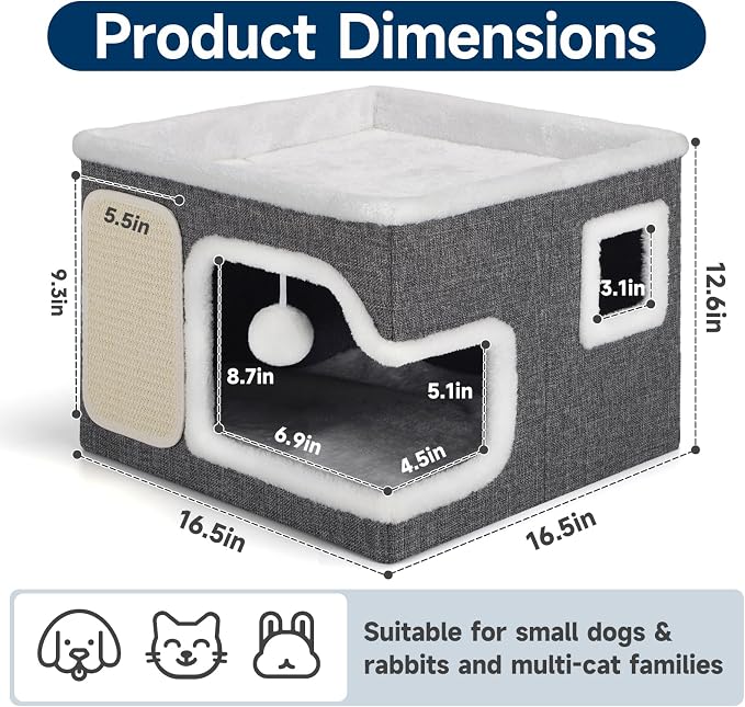 Cat Beds for Indoor Cats, Large Cat Cave with Cozy Hideout, Scratch Pad, Fluffy Ball, Foldable Cat Hideaway Hold Up to 30LBS, Indoor Cat House with Reversible Soft Cushions for All Seasons, Grey - Image 2