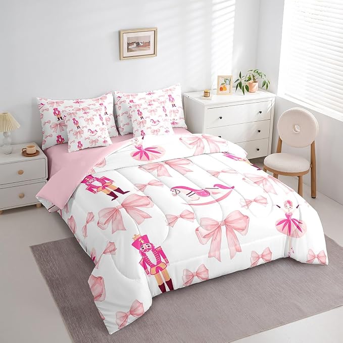 Erosebridal 7 Piece Pink Bow Comforter Set King Bed in a Bag,Cute Nutcracker Bedding Set for Girls Child,Kids Bowknot Trojans Duvet Insert,Ballet Girl Dancer Quilt,Dreamy Princess Style Sheet Set - Image 3
