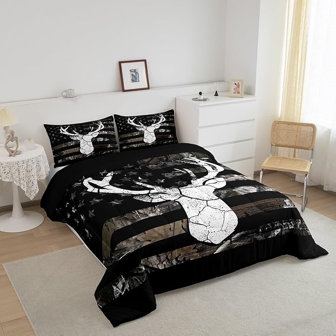 Manfei Camo Antler Comforter Set for Kids Boys Elk Deer Animal Farmhouse Style Bedding Sets Teens Cute Room Decor USA American Flag Comforter with 2 Pillow Cases for All Seasons,Full - Image 2
