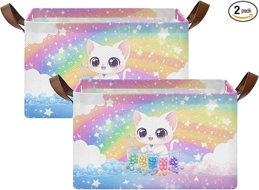 Cute White Cat Rainbow Colorful Baby Storage Basket with Labels&Handles Rectangular Nursery Storage Bins Collapsible Shelf Organizer Baskets for Kids Books Cloth Gift Basket Toys Laundry, 2 Pack by Unknown