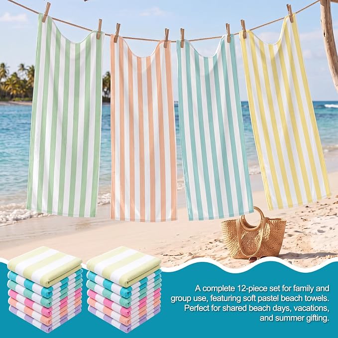 Frienda 12 Pack Pastel Striped Beach Towels 71''x 32'' Large Microfiber Quick Dry Absorbent Bath Towels for Swimming Pool Beach Cruise Travel Gym Supplies - Image 5