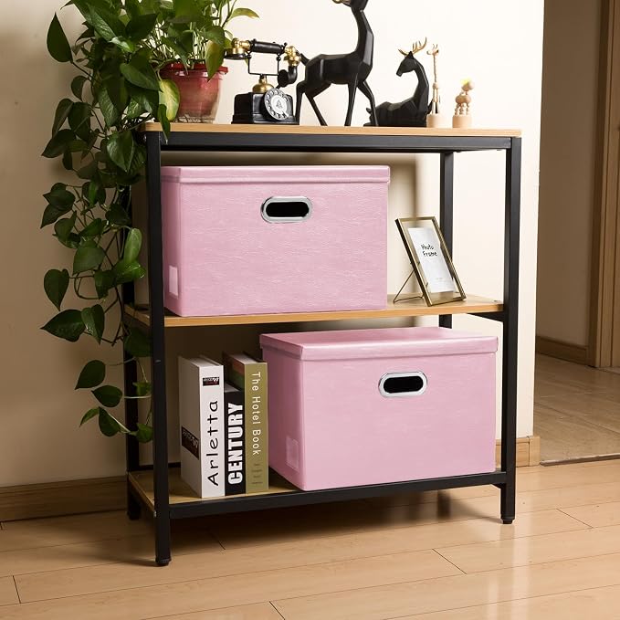 PRANDOM Collapsible Storage Bins with Lids [3-Pack] Leather Fabric Foldable Storage Boxes Organizer Containers Baskets Cube with Cover for Bedroom Closet Office Nursery Pink (14.9x10.8x10) - Image 3