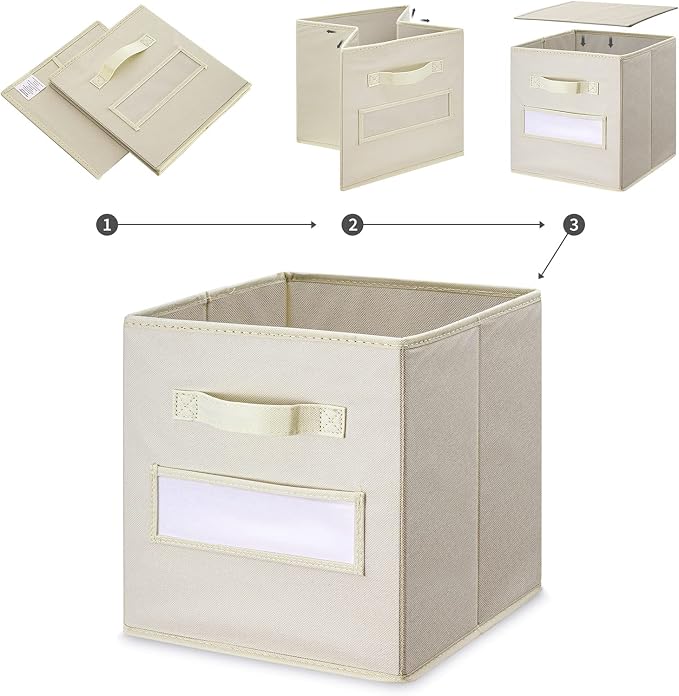 11 Inch Storage Cube,Storage bin (Set of 10) Foldable Fabric Cube Storage Bins with 10 Labels Window Cards & a Pen,Baskets Containers for Shelves,Closet Organizers Box,cube storage,Beige - Image 4
