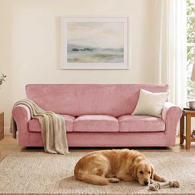 XINEAGE 4-Piece Velvet Oversize Sofa Cover, Couch Covers for Dog,Pink | 3 Cushion Large Sofa,Stretch Non-slip Elastic, Pet-friendly, Washable, Fast Setup, Soft Plush Fabric, Furniture Protector. - Image 4