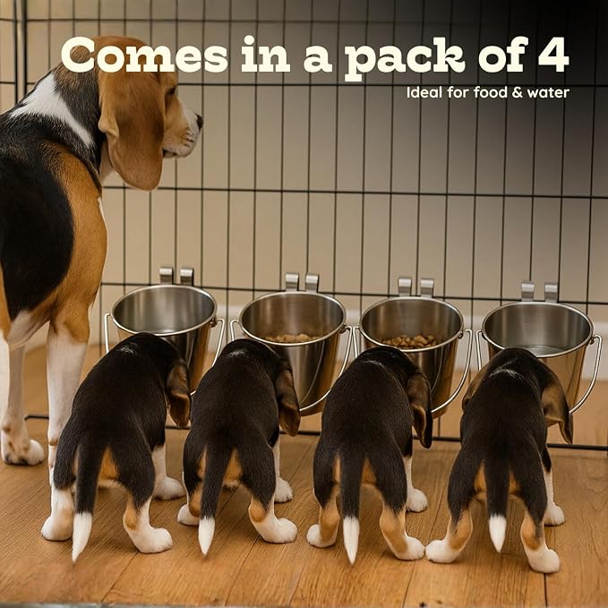 2 Quart Stainless Steel Flat Sided Bucket with Dual Hooks | 4 Pcs Durable Food & Water Bowl for Dog Cats Bird & Small Animals | Fits kennel Cage Crates Hanging Pet Pail | Multipurpose use - Image 3