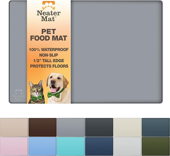 Neater Pet Brands Neater Mat Pet Mats for Food and Water, Cat & Dog Bowl Mat Waterproof Silicone, Feeding Tray, Dog Food Mats for Floors, Placemat w/Raised Edge for Under Bowls, 16” x 10”, Grey by NeaterPetBrands