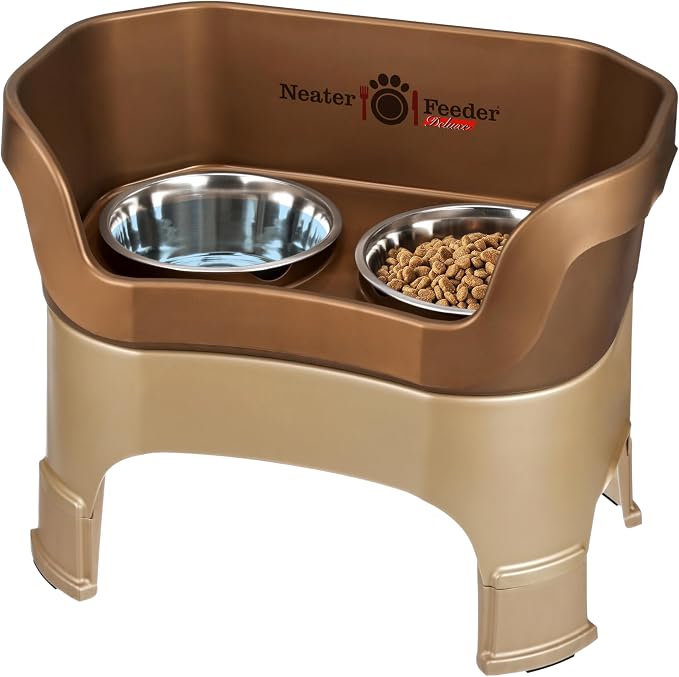 Neater Feeder Deluxe Mess-Proof Elevated Dog Bowls for Large Dogs (40+ lbs), 2 Height Adjustable (14.5” & 17.5”) No-Spill Raised Dog Bowl Stand, Stainless Steel Food Bowl Set, Made in USA, Bronze by NeaterPetBrands