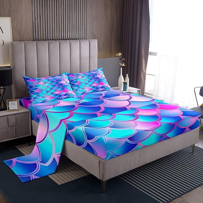 Mermaid Scale Bed Sheet Set Fish Scales Bedding Sea Underwater World Sheet Set for Kids Girls Ocean Marine Theme Fanstry Bedroom Decor Dreamy Bedding Set,Fitted Sheet & Flat Sheet & 1 Pillowcase,Twin by Erosebridal