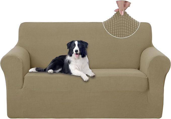 U-NICE HOME Loveseat Cover Stretch Couch Cover Sofa Slipcover, Sand | 2 Cushion Sofa, 1-Piece Sofa cover, Washable, Pet friendly, Furniture protector, Polyester Spandex Jacquard fabric by U-NICEHOME