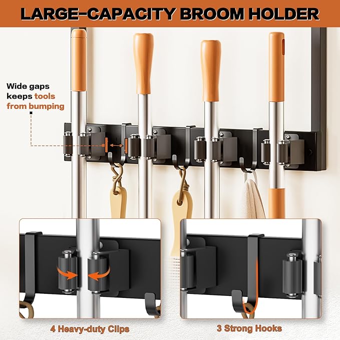 Broom Holder Wall Mount with Cleaning Supplies Organizer, Laundry Room Organization and Storage Shelves, Mop Hanger Broom Rack with Hooks, Home Improvement Kitchen Shelf Garage Organizer - Image 3