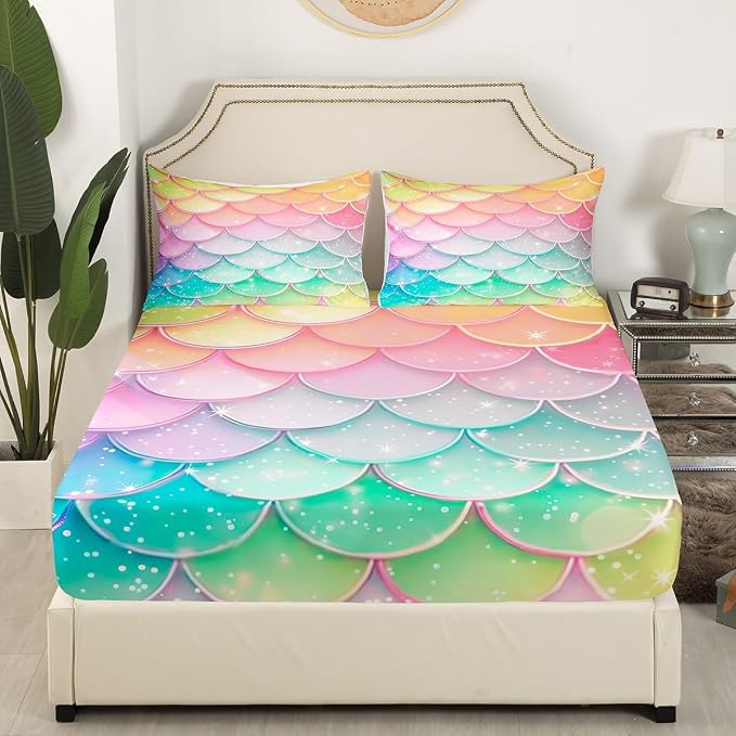 Mermaid Scale Bedding Girly 3D Fish Scale Bed Sheet Set 3 Piece Cute Mermaid Sheet Set Kids Teens Girls Pastel Pink Purple Teal Gold Glitter Bedding Set (1 Fitted Sheet + 1 Flat Sheet + 1 Pillowcase) - Image 3