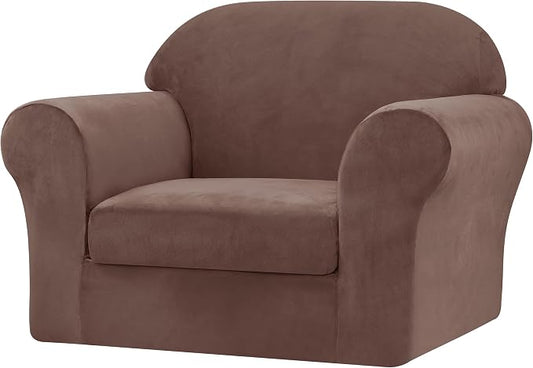 CHUN YI 2 Piece Velvet Armchair Cover Couch Covers 1 Cushion, Water Resistant Chair Slipcover with Arms, Non Slip High Stretch Thick Furniture Protector for Dogs Pets, Small, Brown by CHUNYI