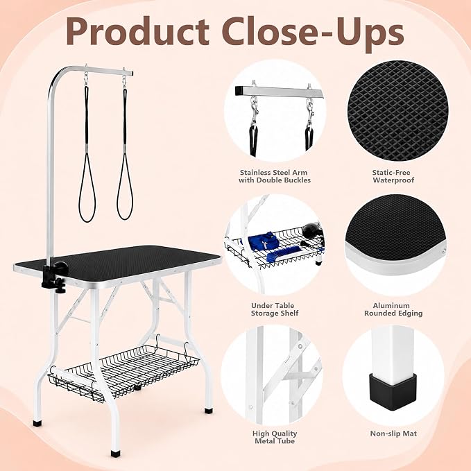 Yaheetech 36'' Dog Grooming Table, Pet Foldable Grooming Table w/Double Loops/Mesh Tray/Adjustable Arm, Black - Image 4