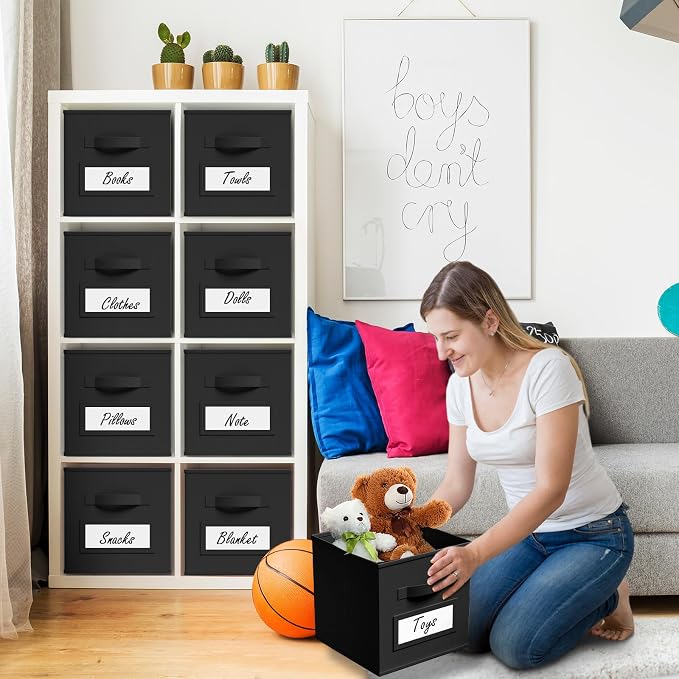 Teenyyou 10 Pack Fabric Storage Cubes 13 Inch Collapsible Cube Bins with Label Window & Handle Foldable Organizers Baskets for Shelf Closet Nursery Kids Room Clothes Book Toy(Black) - Image 6
