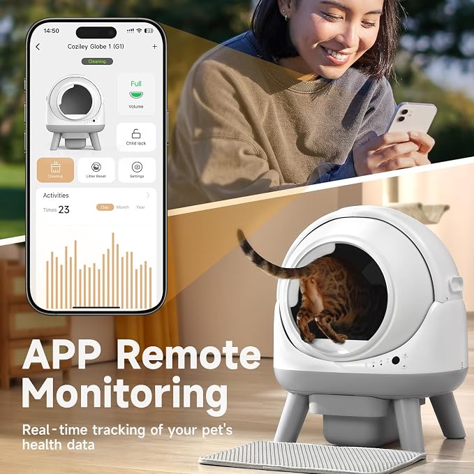 Self Cleaning Litter Box for Multiple Cats, G1 Automatic Litter Box with Smart APP Control & Health Monitoring, Includes 2 Roll Trash Bags and Litter Mat (White-Grey) - Image 4
