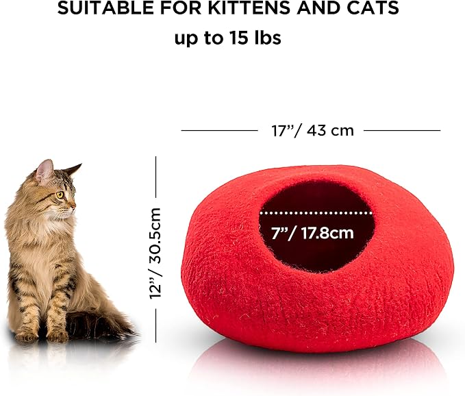 Woolygon Premium Felt Cat Cave Bed – Wool Kitty Beds Handcrafted Kitten Caves Bed for Indoor Cats - Made from Merino Wool, Foldable Cat Hideaway Covered Cat House Pod (Red Plain) - Image 2