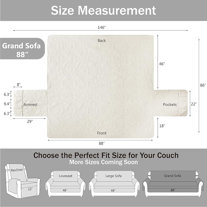 Quilted Grand Sofa Covers Washable, Couch Cover for Grand Leather Sofa, Soft Cozy Couch Protector for 4 Cushion Couch, Oversized Grand Sofa Slipcovers Water-Repellent (Grand Sofa 88", Ivory White) - Image 7