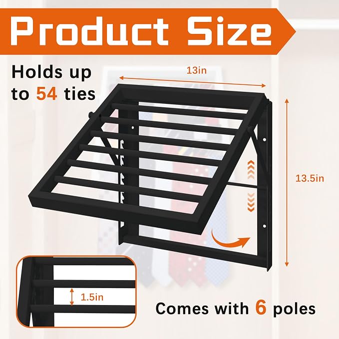 Tie Rack Wall Mounted, Adjustable Angle Tie Organizer for 60 Ties & Scarves | Holds up to 60 Ties, 10 Angle Slots, Wall-Mounted Easy Installation, Long-Lasting Design - Image 3
