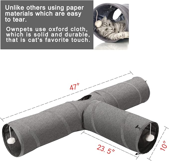 Ownpets Cat Tunnel, 3 Way Collapsible Kitty Tunnel 47 inch Long Cat Tube with Plush Ball & Feather Toy, Cat Play Tunnel for Indoor Cat, Kitten, Rabbit - Image 2