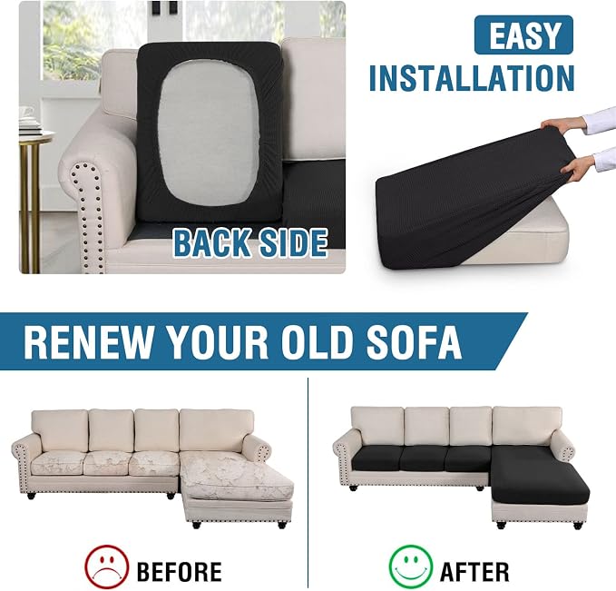 H.VERSAILTEX Sectional Couch Covers 4 Pieces Sofa Seat Cushion Covers L Shape Separate Cushion Couch Chaise Cover for Both Left/Right Sectional Couch (Seat Only: 1 Chaise + 3 Sofa, Black) - Image 6