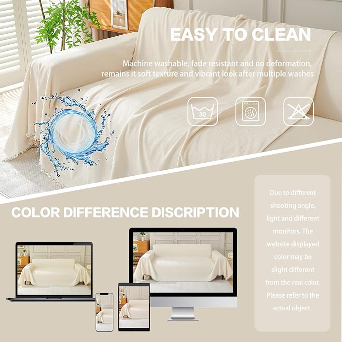 DREAMINGO Sofa Covers Washable Thick Chenille Couch Cover for 2 Cushion Couch Sofa Multi-Use Couch Cover Blanket Modern Pet Furniture Protector Sectional Couch Slipcover 71"x118", Beige White - Image 6