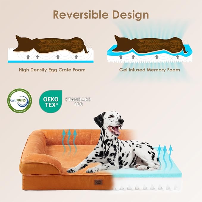 EHEYCIGA Orthopedic XXL Dog Bed, Waterproof Washable XL Big Pet Bed 52" | Non-Slip Bottom and Egg-Crate Memory Foam Extra Large Pet Couch Bed with Washable Removable Cover, Pumpkin Orange - Image 4