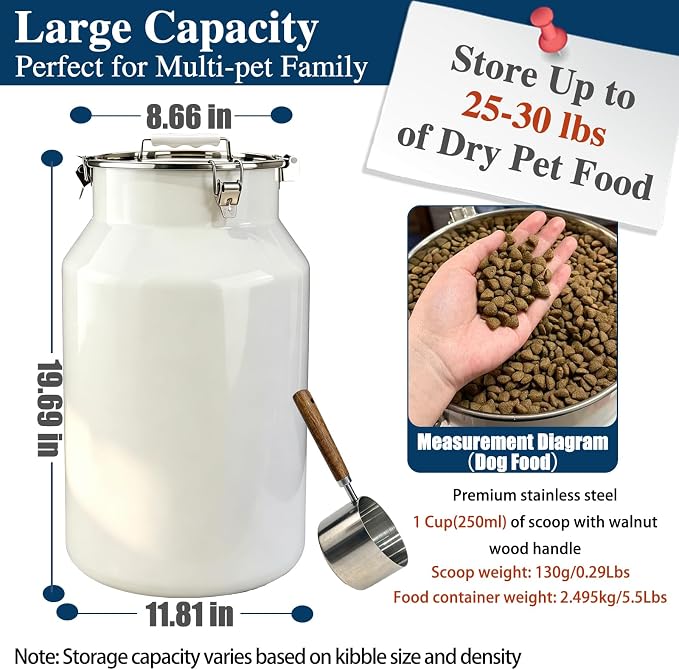 25 Lbs Stainless Steel Dog Food Storage Container with Scoop, Large Metal Dog Food Bin with Airtight Lid & Locking Clamp, Pet Treat Jars for Dogs & Cats, Keep Fresh, White - Image 2