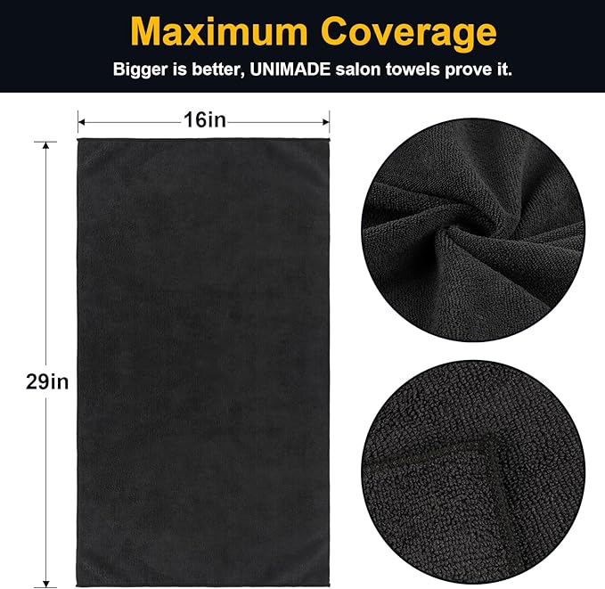 UNIMADE Salon Towels 48 Pack, Microfiber Barber Towel Bulk,(16x29 inches) Fast Drying Hair Towels Super Soft Black Hnad Towels for Gym, Salon, Bath, Spa Use and Home Hair Care(Not Bleach Proof) | (16x29 inches) Hair-Drying Cloth Super Soft Black Hand C... - Image 2