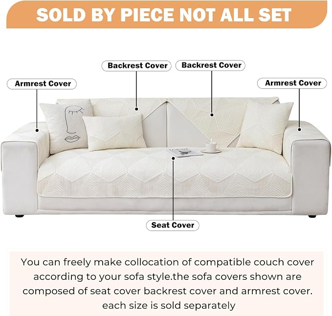 vctops Cotton Quilted Couch Covers for Sectional Sofa (Cream,28"x94") | Geometric Washable Non Slip Sofa Slipcover for Dogs, Children, Pets Furniture Protector Cover - Image 2