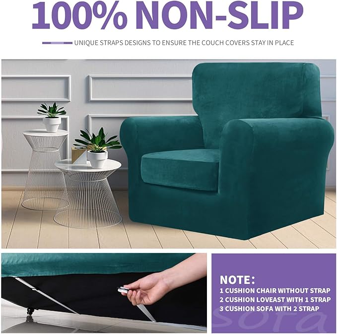 ZNSAYOTX Oversized Velvet 3 Piece Couch Cover with 2 Extra Large Seat Cushion Covers Stretch Sofa Cover for 2 Cushion Couch Thick Soft Loveseat Sofa Slipcover (Deep Teal), 72"-92"(2 Cushions) - Image 5