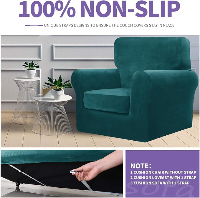 ZNSAYOTX Luxury Velvet Chair Slipcovers with Arms 2 Piece Stretch Chair Covers for Living Room Soft Armchair Slipcover Anti Slip Dog Pet Friendly Furniture Protector (Deep Teal),30"-47"(1 Cushion) - Image 5