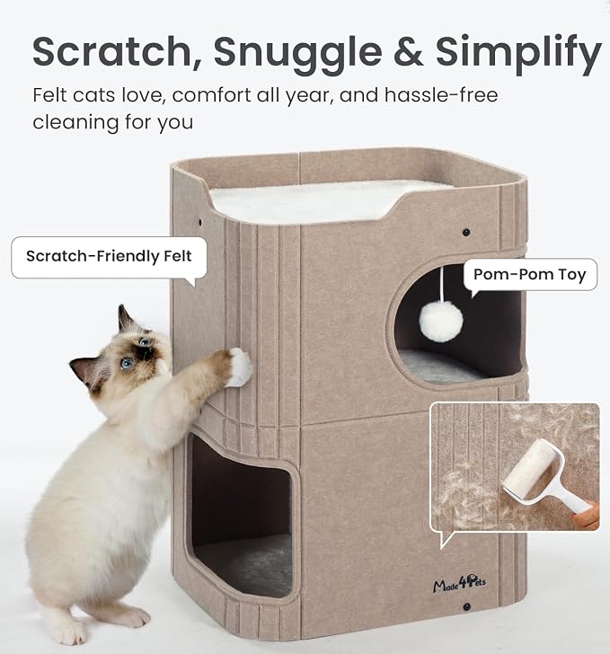 Made4Pets Cat House for Indoor Use, 2-Storey Cube Bed Cave, Covered Hideaway Condo with Scratch-Resistant Felt, Foldable Easy-to-Clean Design for Multi-Cat Homes, Beige - Image 3