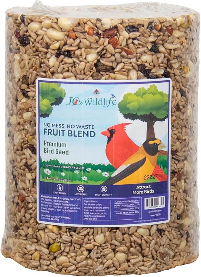 JCs Wildlife Bird Seed Cylinder with Hole Variety Pack, Premium Blends Wild Bird Food for Outside Feeders, Cardinals Woodpeckers Finches Bluebirds Chickadees, Made in the USA, Large, 5 Pack - Image 6