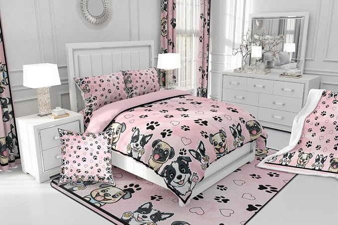 Manfei Cute Dog Paw Comforter Set,Cartoon Puppy Pet Animal Lover Bedding Set for Teens Adults Room,Dogs Footprint Love Hearts Kawaii Pink Quilt Set 3 Pcs with 2 Pillowcases,Queen - Image 6